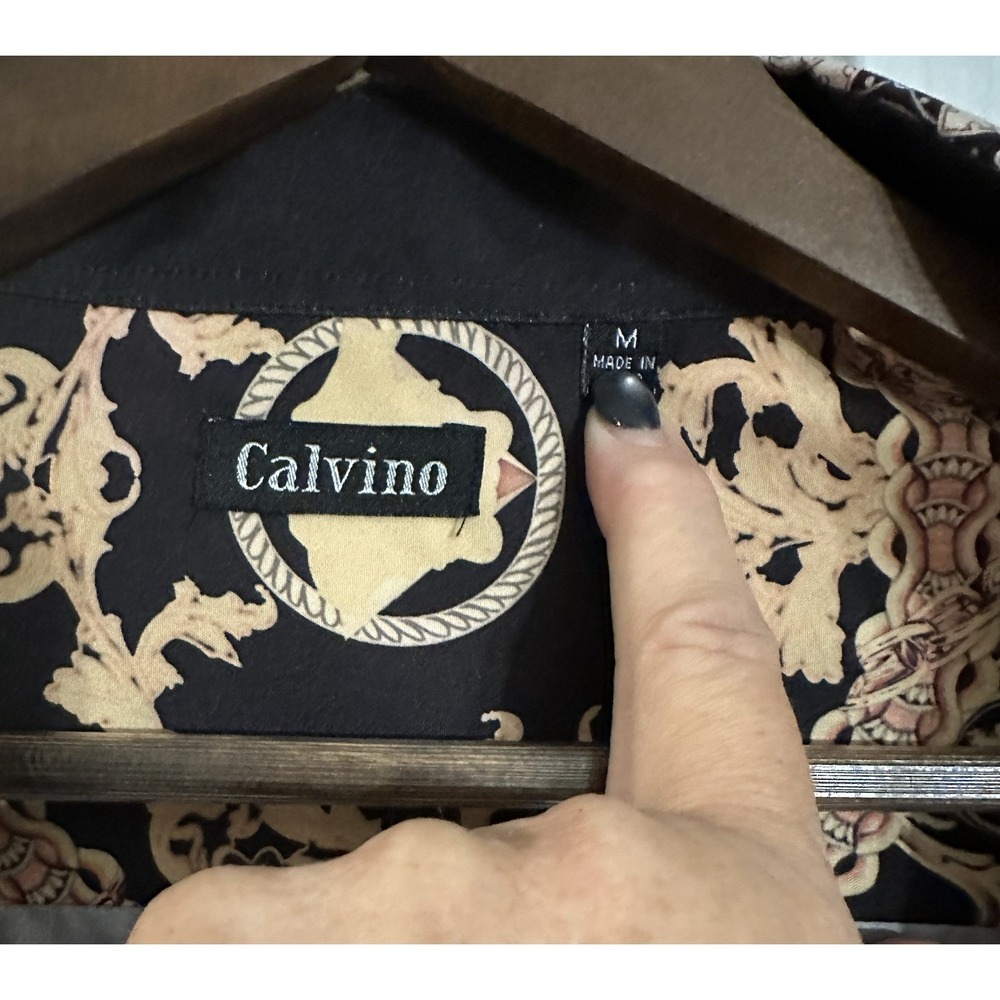 Calvino Mens Black‎ Coral Baroque Print Button Up Shirt Size Medium - Picture 3 of 4
